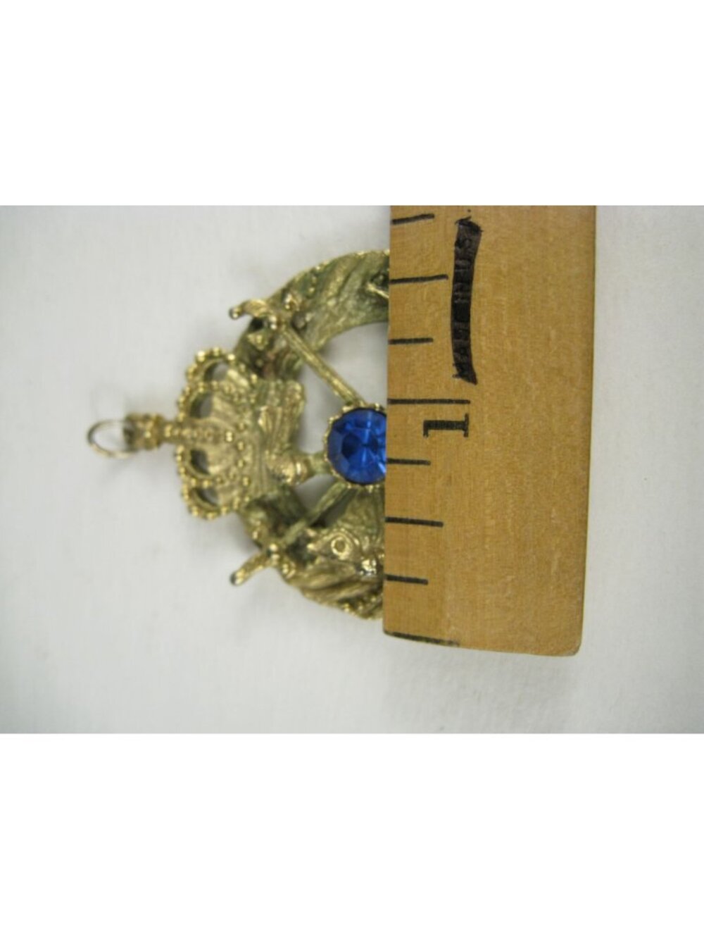 Vintage Gold Tone Metal Horse Swords Crown Blue Plastic Rhinestone Pendant - Picture 3 of 6